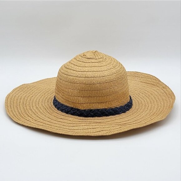 Women's Floppy Wide Brim Straw Summer Hat Tan & Navy - Picture 4 of 10
